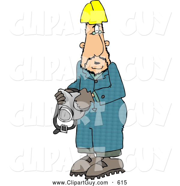 Clip Art of AWorker Man Wearing a Yellow Hardhat and Holding a Respirator