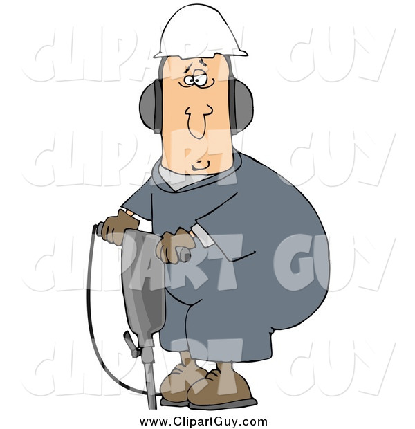 Clip Art of AWormer Man in a Hardhat and Ear Muffs, Operating a Jackhammer