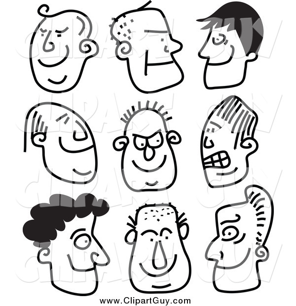 Clip Art of Black and White Guy Stick People Faces