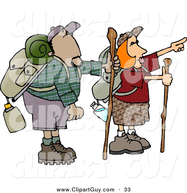 Clip Art of Caucasian Male and Female Hikers Hiking with Backpacks, Canteens, Sleeping Bags, and Walking Sticks