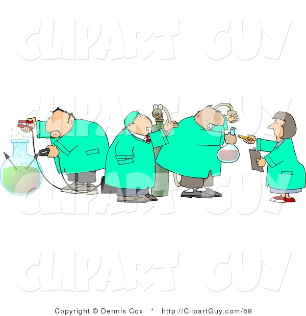 Clip Art of Four Scientists Testing Chemicals in a Science Lab on White