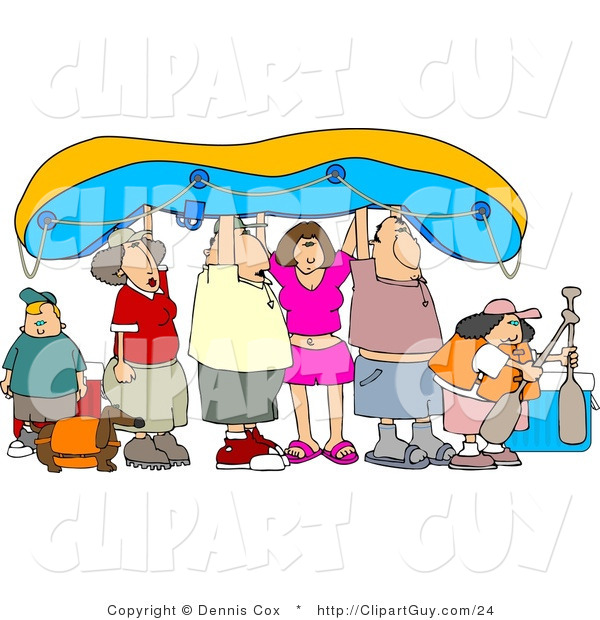 Clip Art of Friends and Family Going River Rafting, Holding the Raft up
