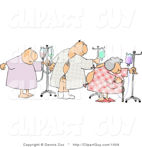 Clip Art of Ill Male and Female Hospital Patients Hooked up to IVs and Walking Around in a Hospital