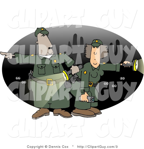 Clip Art of Male and Female Mexican Border Patrol Police Officers with Flaslights Looking for Illegal Immigrants Crossing the US Border at Night