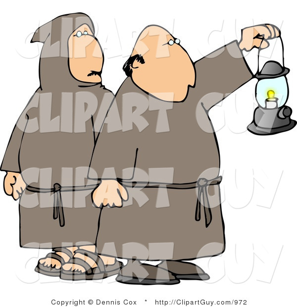 Clip Art of Monks Wearing Brown Robes and Holding a Lit Lantern at Night