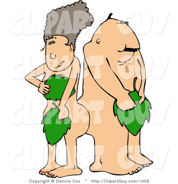 Clip Art of Naked Adam and Eve Covering Their Private Parts with Leaves