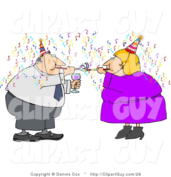 Clip Art of Two Business People Partying with Wine, Streamers, and Blowers on New Year's Eve