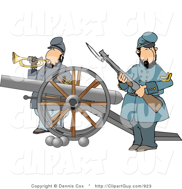 Clip Art of Two Civil War Soldiers Holding a Loaded Rifle and Playing a Bugler Horn Beside a Cannon on the Battlefield