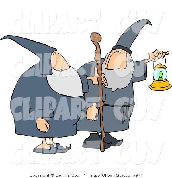 Clip Art of Two Male Wizards, One's Holding a Lantern and the Other Is Holding a Walking Stick