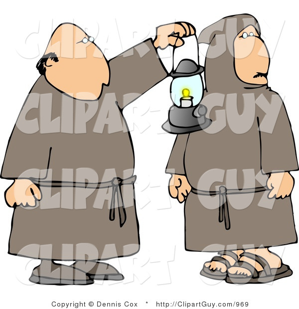 Clip Art of Two Religious Monks in Brown with a Lantern at Night