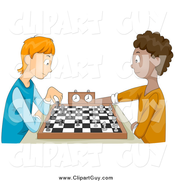 Clip Art of White and Black Teen Boys Playing Chess