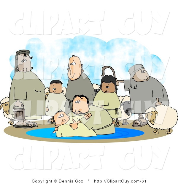 Clip Art of White Sheep and Family Watching Their Son Get Baptised by a Religious Christian Figure