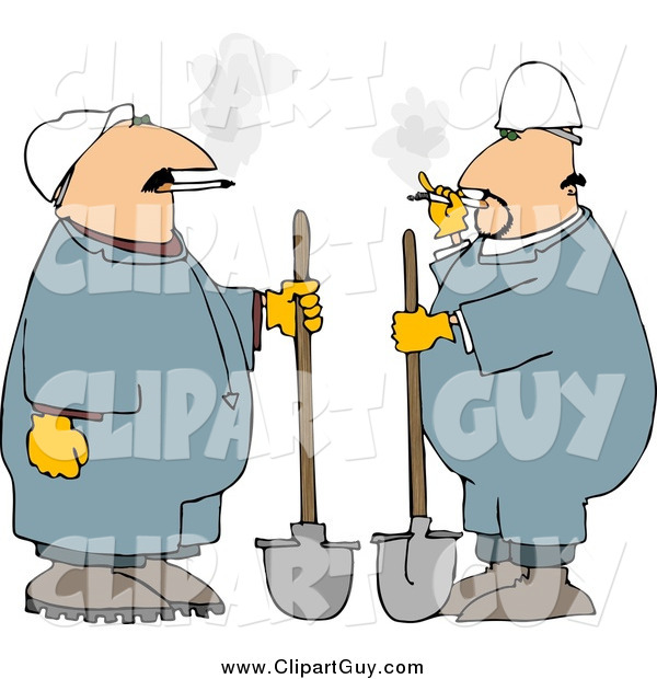 Clip Art OfWorkers Smoking Cigarettes and Standing with Shovels