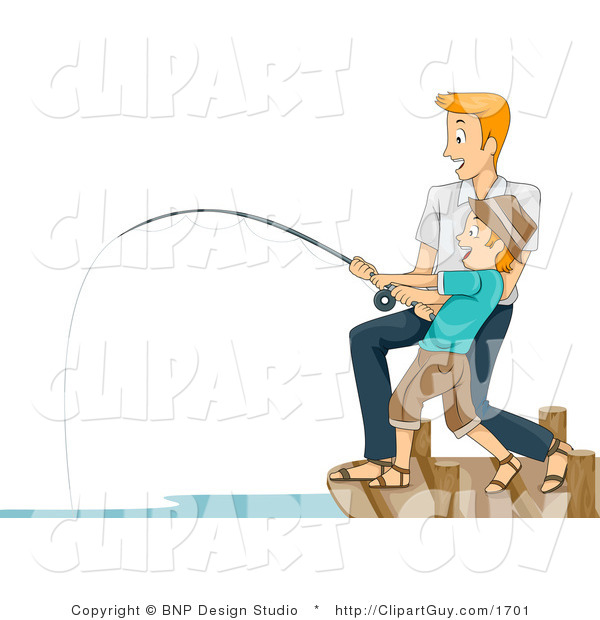 Vector Clip Art of a Man Helping His Son Reel in a Big Fish - Royalty Free