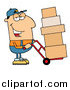 Clip Art of a Friendly White Delivery Man Using a Dolly to Move Boxes by Hit Toon