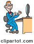 Clip Art of a Happy Red Haired White Computer Geek Man in a Blue Suit, Working on a Computer by LaffToon
