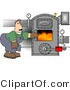 Clip Art of a Man Opening the Door of a Hot Boiler or Oven with Valves by Djart