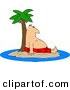 Clip Art of a Man Resting Against a Palm Tree Ashore on a Deserted Island Surrounded by Water by Djart