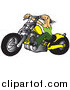 Clip Art of a Tough White Biker Dude Resting His Arms on His Chopper Handles While Taking a Ride on His Yellow Motorcycle by Snowy