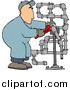 Clip Art of a White Man Working on Pipes with a Wrench by Djart