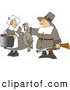 Clip Art of AMale Pilgrim Hunter Holding up a Dead Harvest Turkey for His Wife to Cook - Thanksgiving by Djart