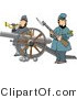 Clip Art of Two Civil War Soldiers Holding a Loaded Rifle and Playing a Bugler Horn Beside a Cannon on the Battlefield by Djart